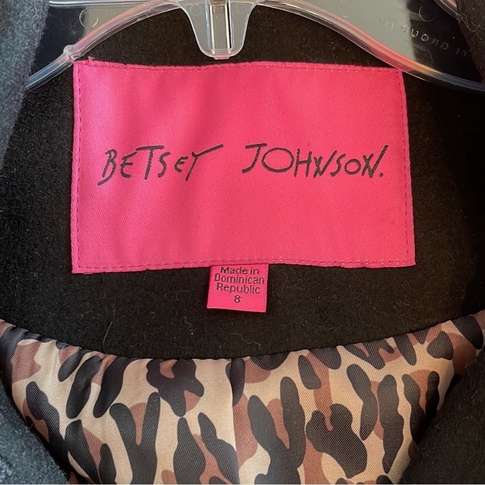 Betsey Johnson Black Pea Coat with Leopard Print Lining Size 8 - Picture 4 of 7